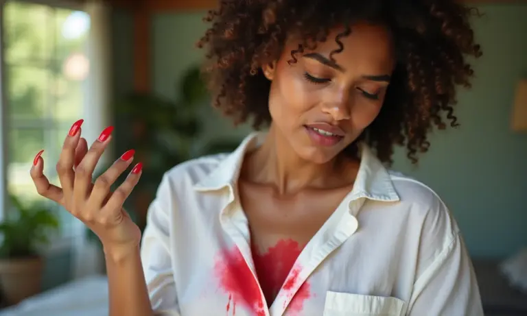 Mulher brasileira preocupada com mancha de esmalte vermelho em camisa de linho branca.