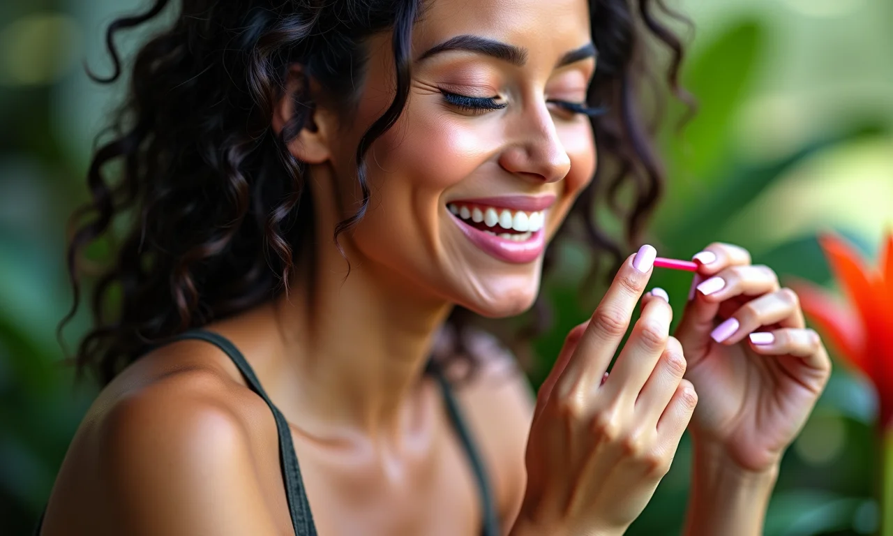 Mulher brasileira sorrindo enquanto pinta as unhas com esmalte Fina Flor.