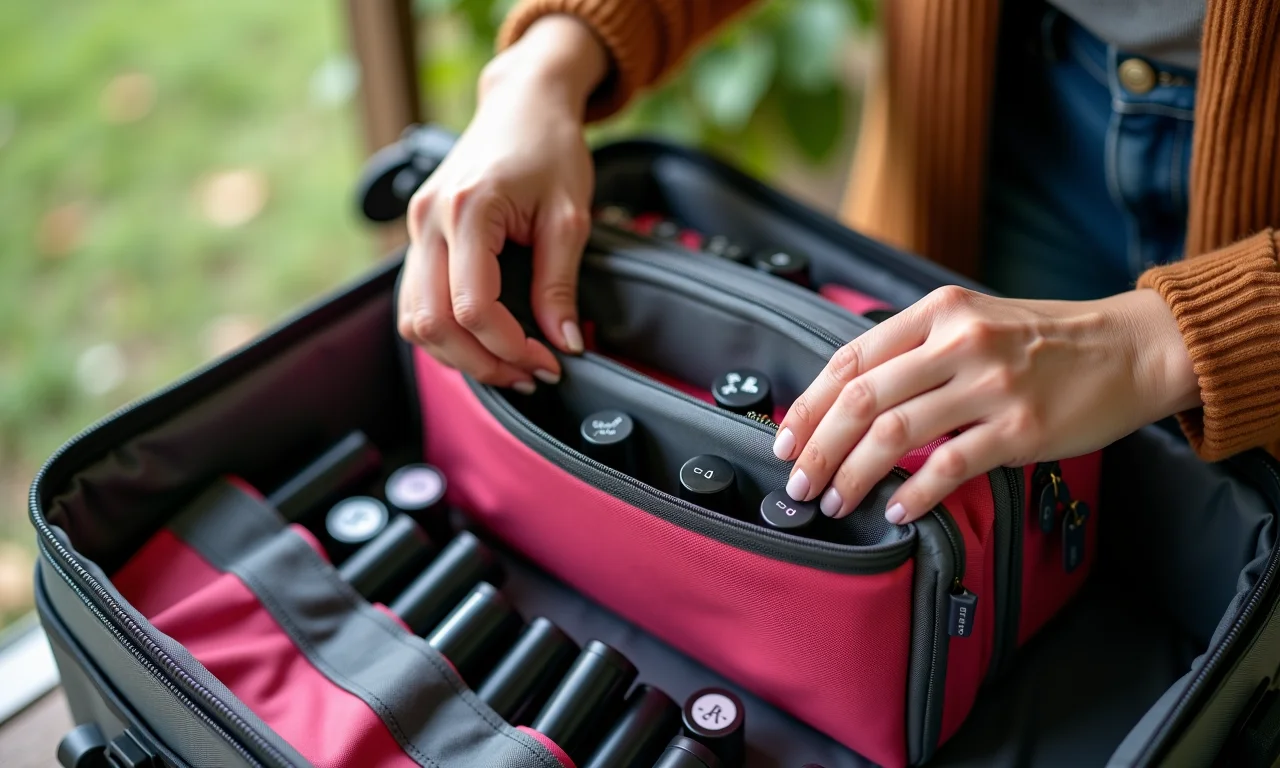 Mulher colocando bolsa necessaire porta esmaltes em mala de viagem.