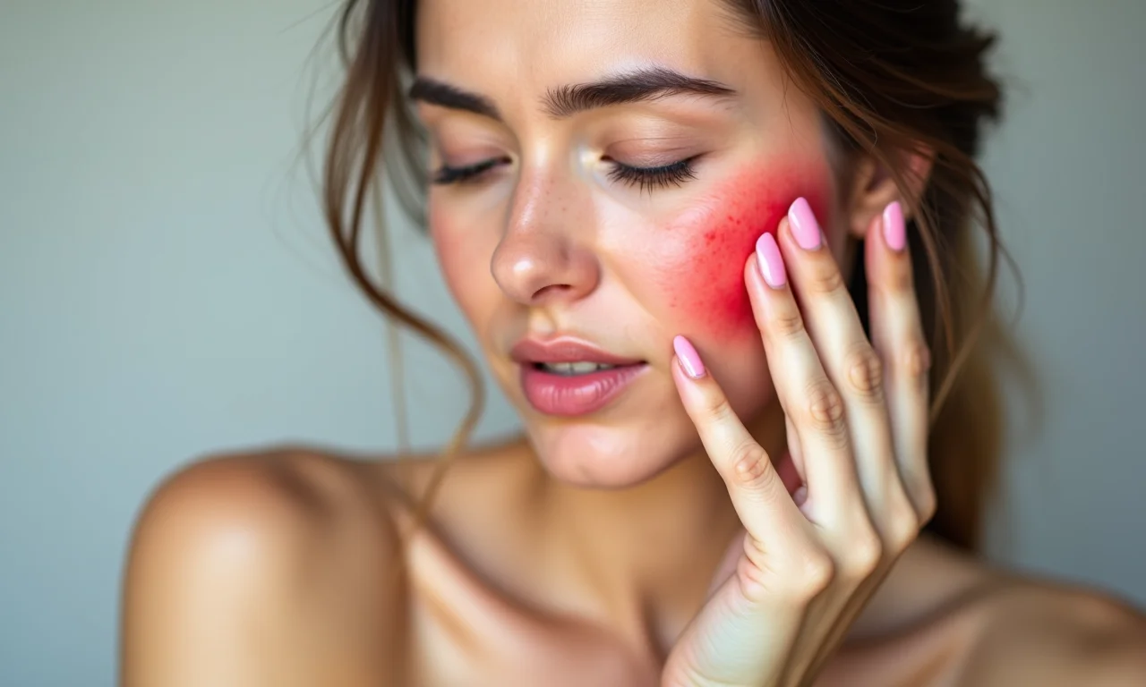 Mulher com pele sensível mostrando reação alérgica a esmalte, com vermelhidão.