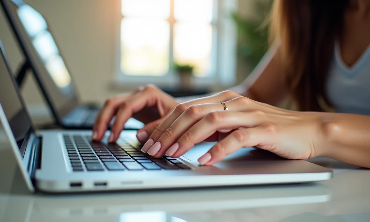 Mulher digitando em laptop com esmalte neutro em ambiente de trabalho.