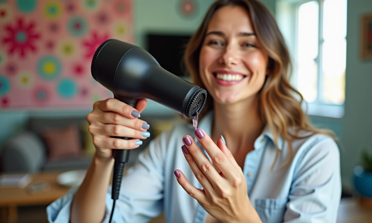 Mulher em casa tentando usar um secador para remover mancha de esmalte do tecido. 