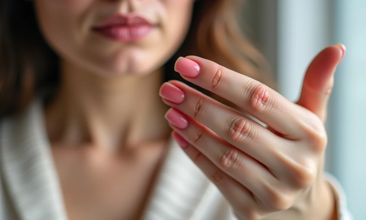 Mulher examinando dedos vermelhos e irritados após usar esmalte.
