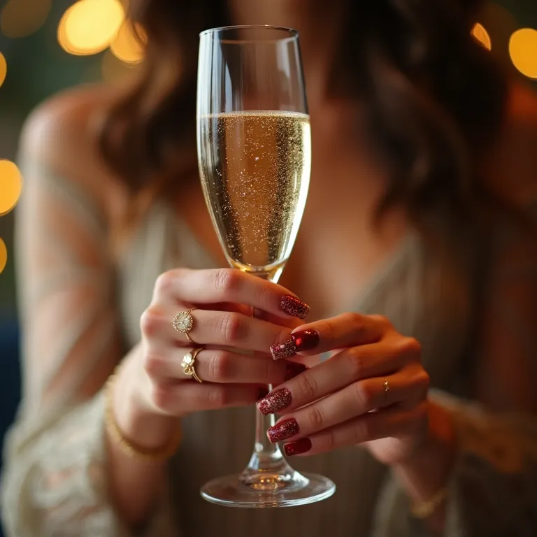 Mulher exibe unhas decoradas para o Réveillon com taça de champanhe.