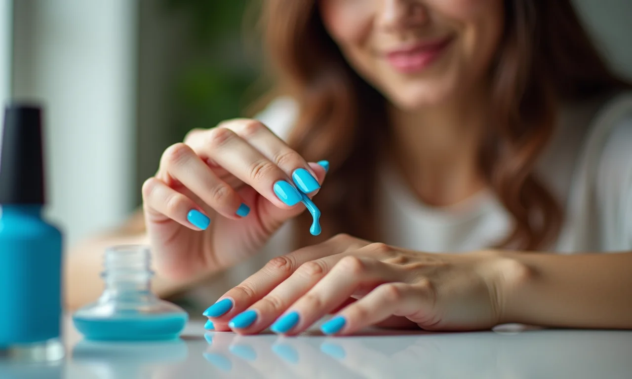 Mulher fazendo unhas decoradas em azul em casa.