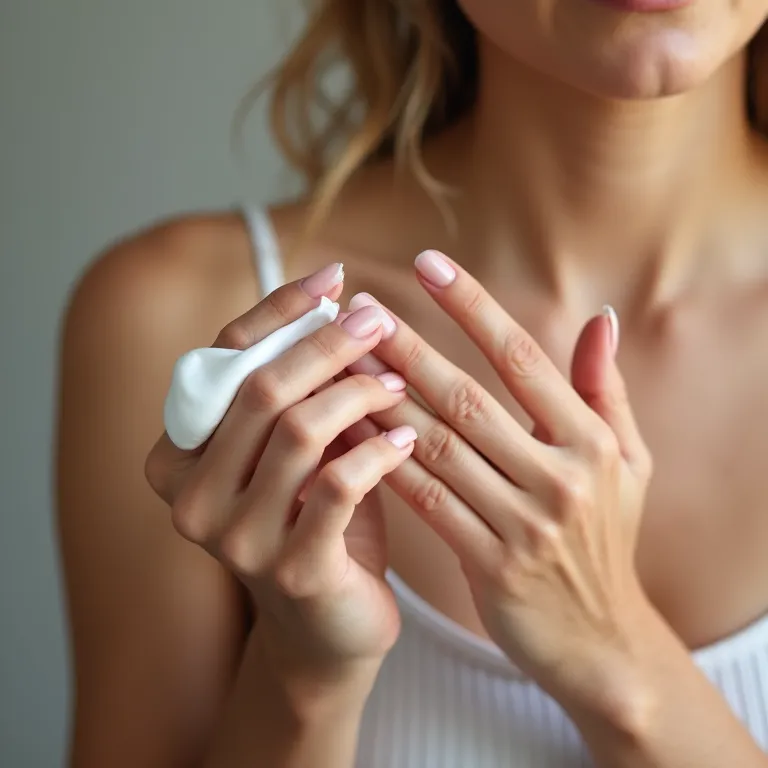 Mulher hidratando as mãos com creme para unhas sempre protegidas.