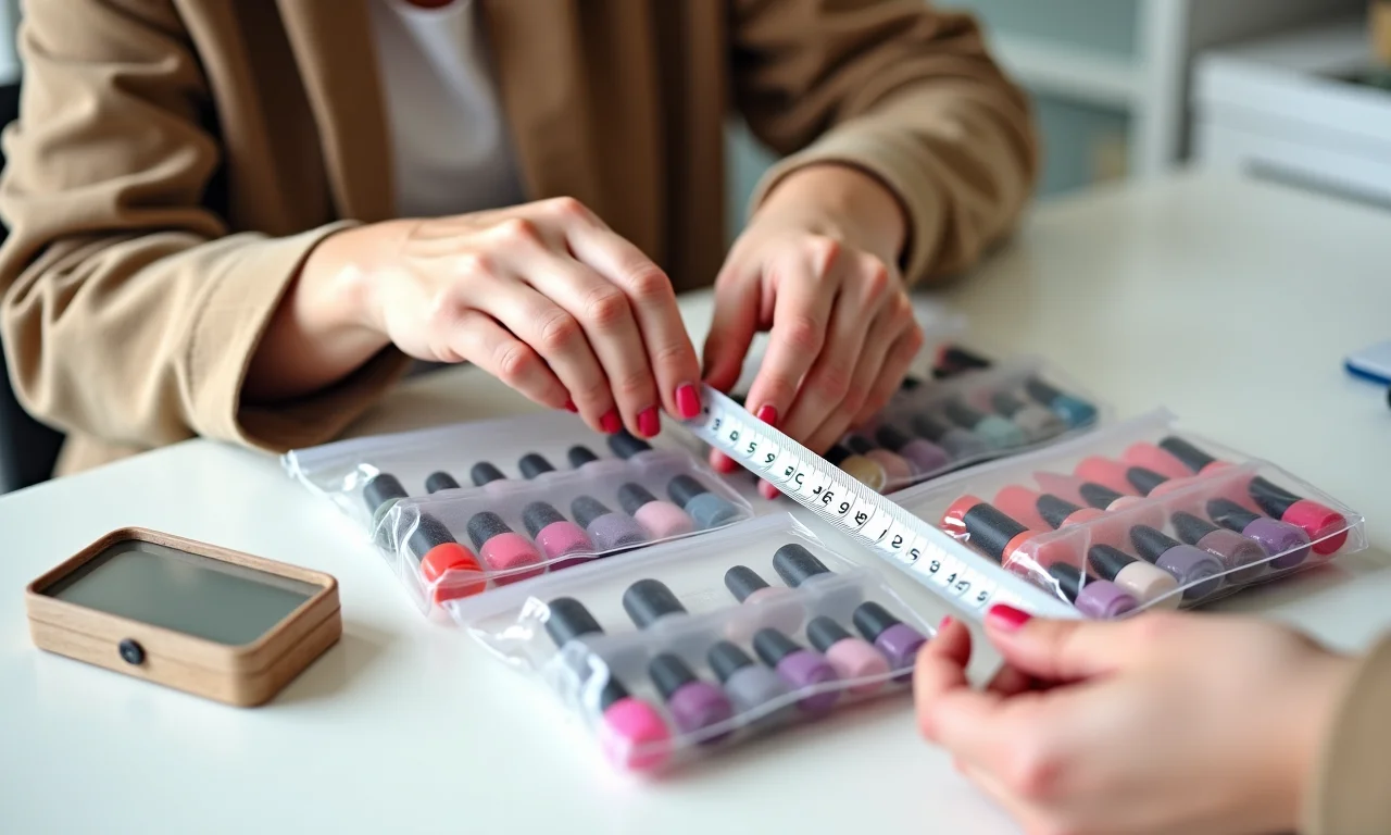 Mulher medindo diferentes tamanhos de bolsa porta esmaltes.