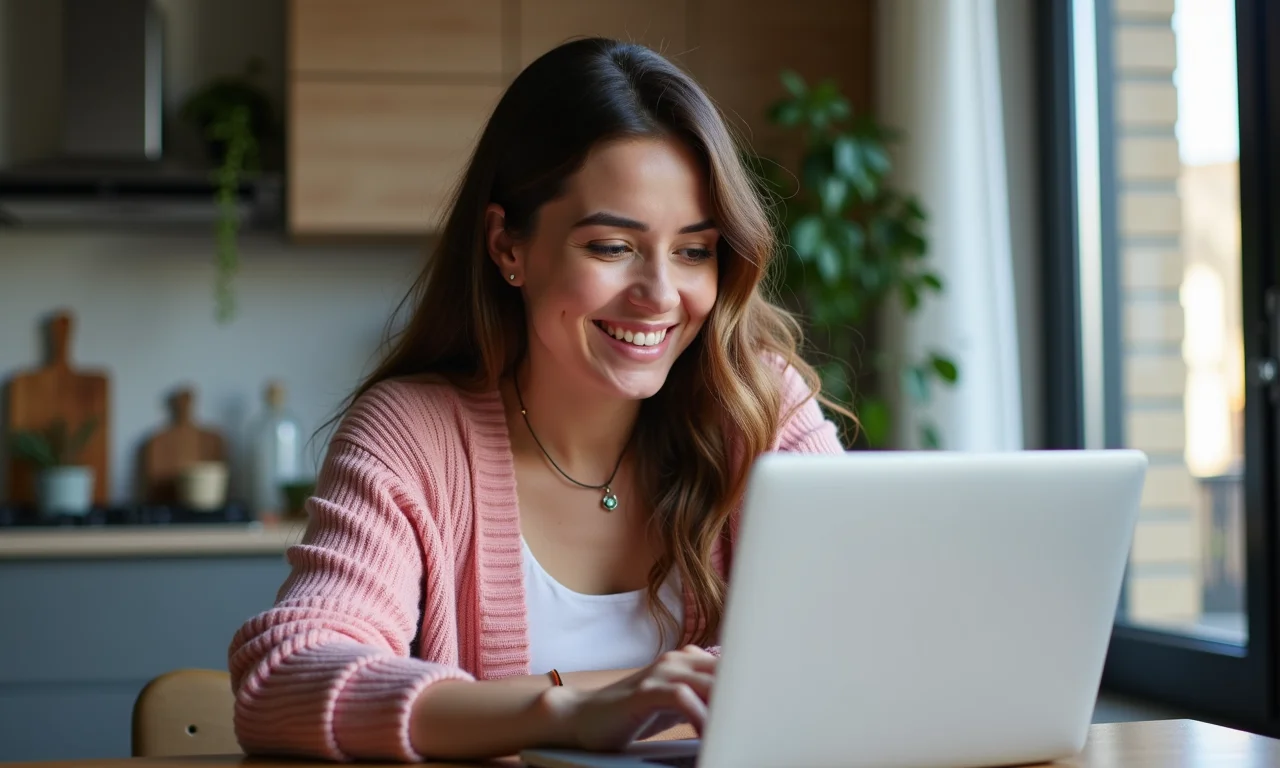 Mulher navegando em site com jogos de esmaltes online, sorrindo.
