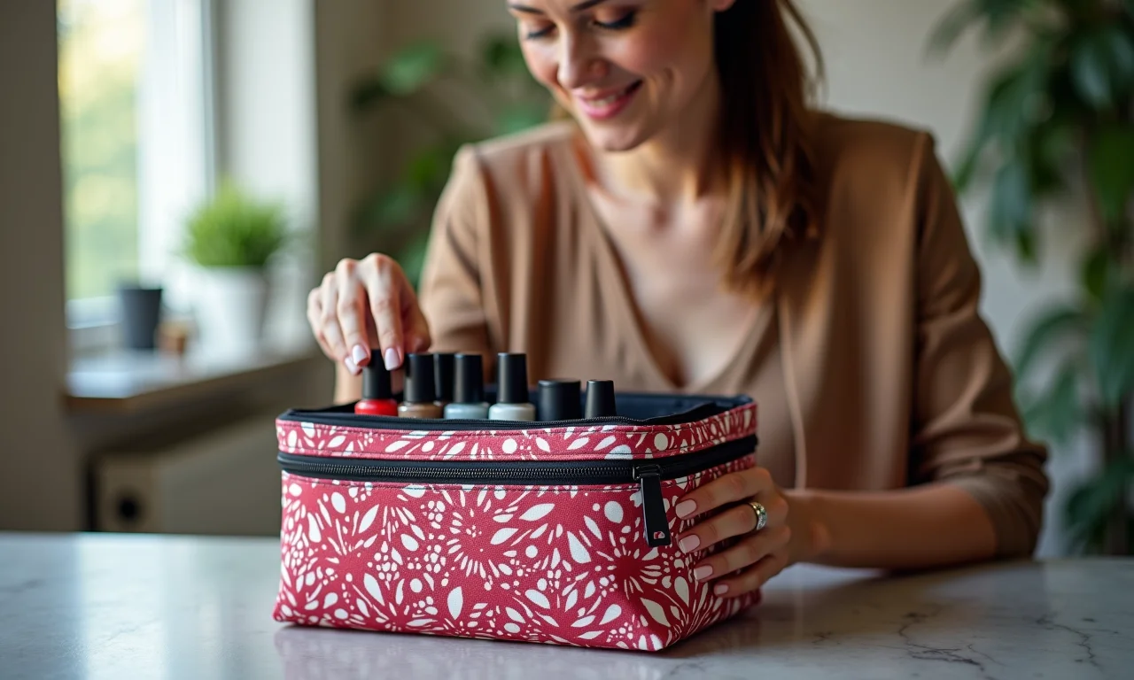 Mulher organizando bolsa porta esmaltes colorida para viagem.