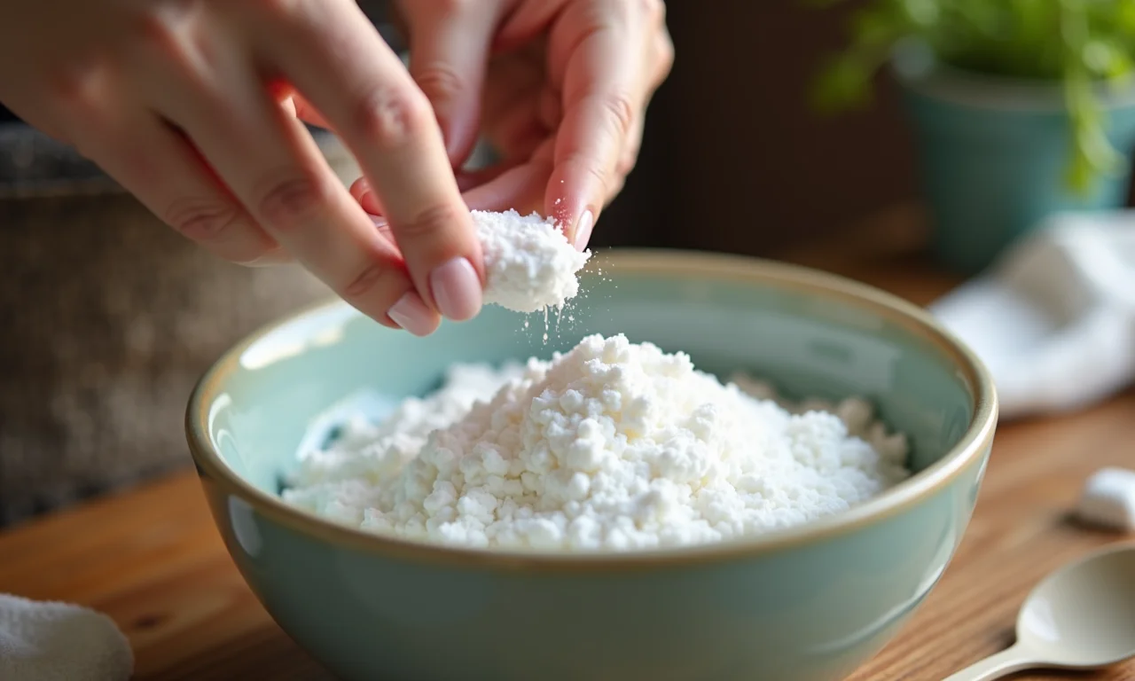 Mulher preparando pasta de bicarbonato de sódio para clarear as unhas.