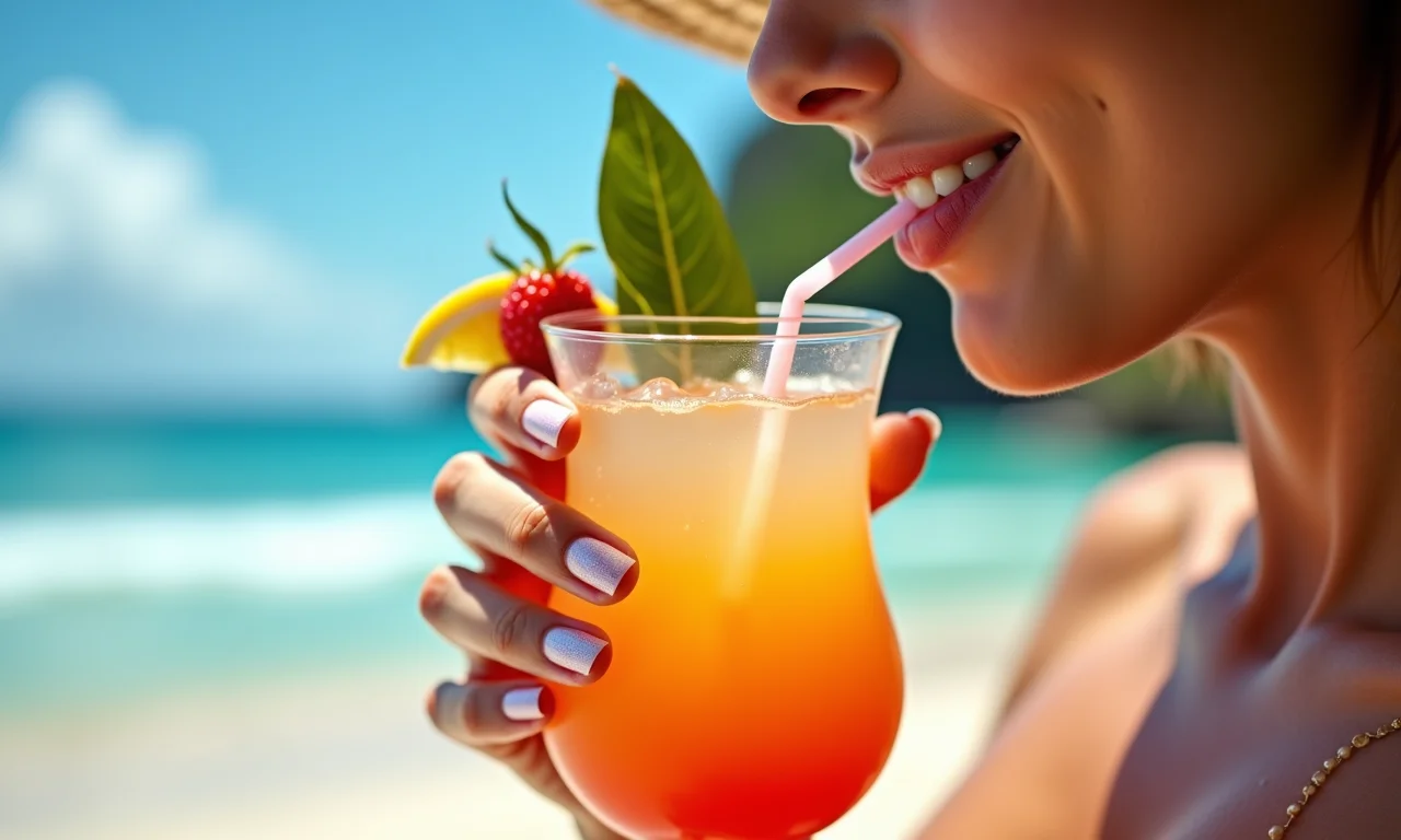 Mulher relaxando na praia com unhas em gel impecáveis.