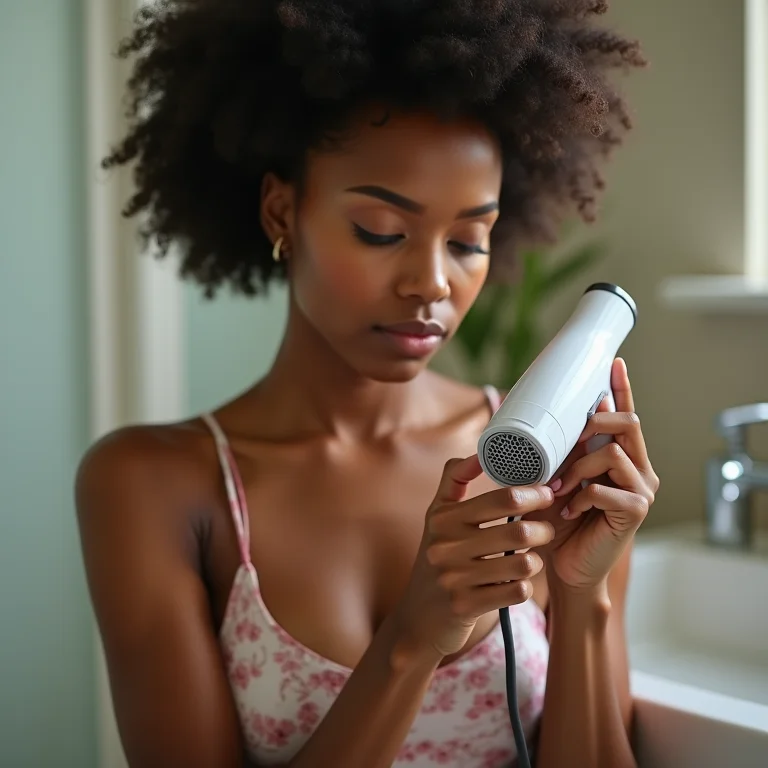 Mulher secando as unhas com secador de cabelo em temperatura fria.