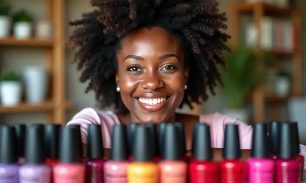 Mulher sorrindo com coleção de esmaltes organizada.