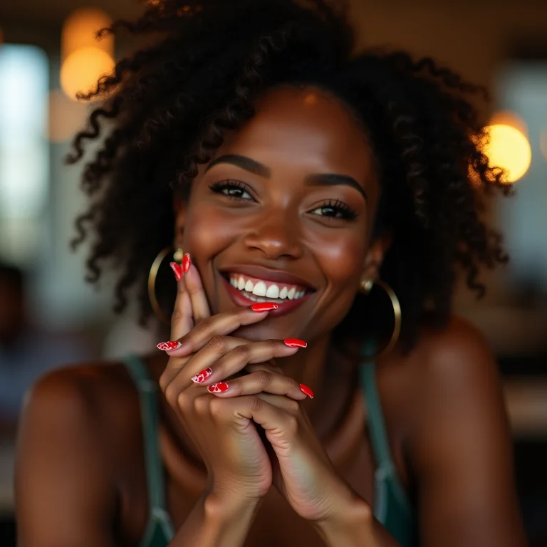 Mulher sorrindo com unhas de cereja