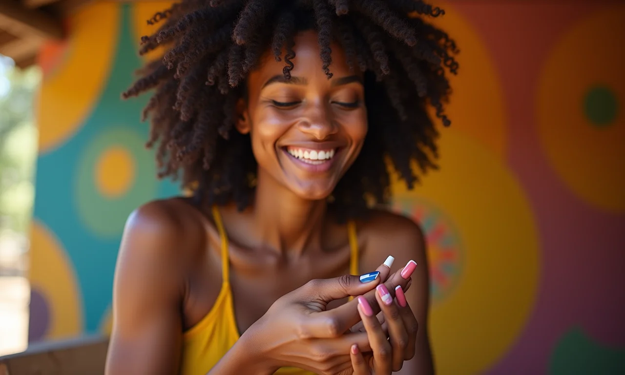Mulher sorrindo enquanto aplica esmalte Impala em suas unhas.