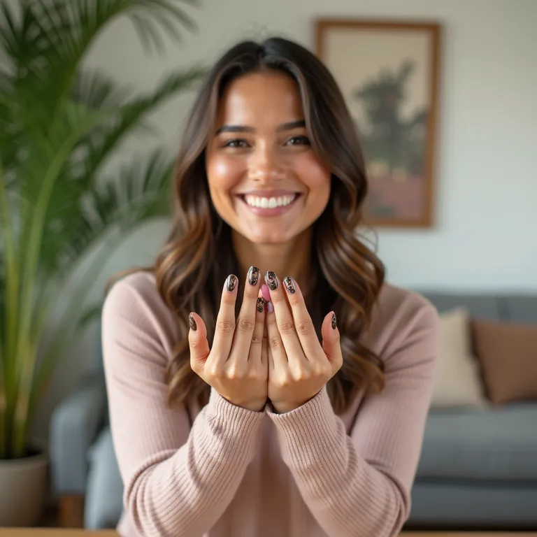 Mulher sorrindo exibe nail art em sala decorada.