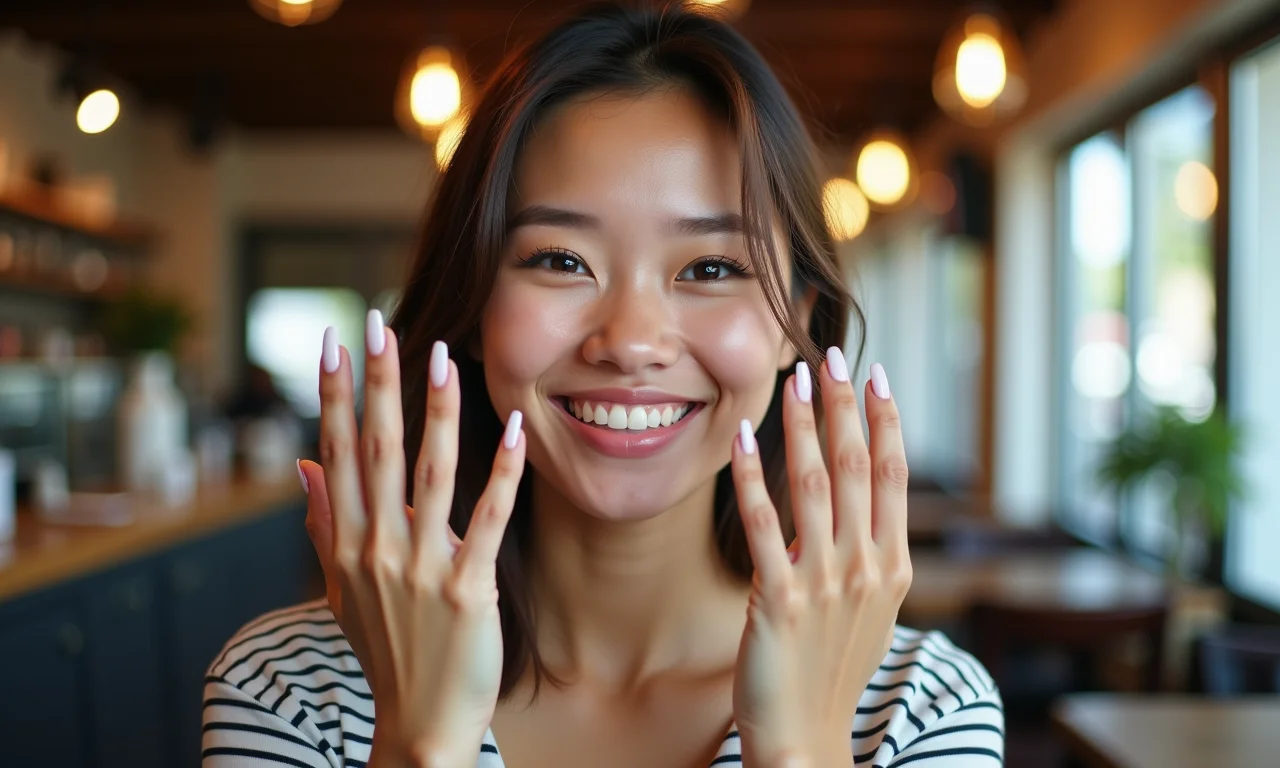 Mulher sorrindo exibe unhas decoradas estilosas.