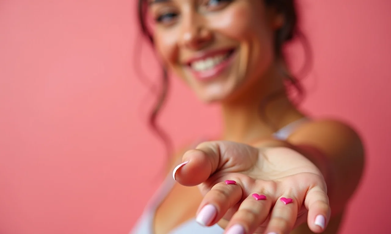 Mulher sorrindo exibindo unhas com corações delicados.