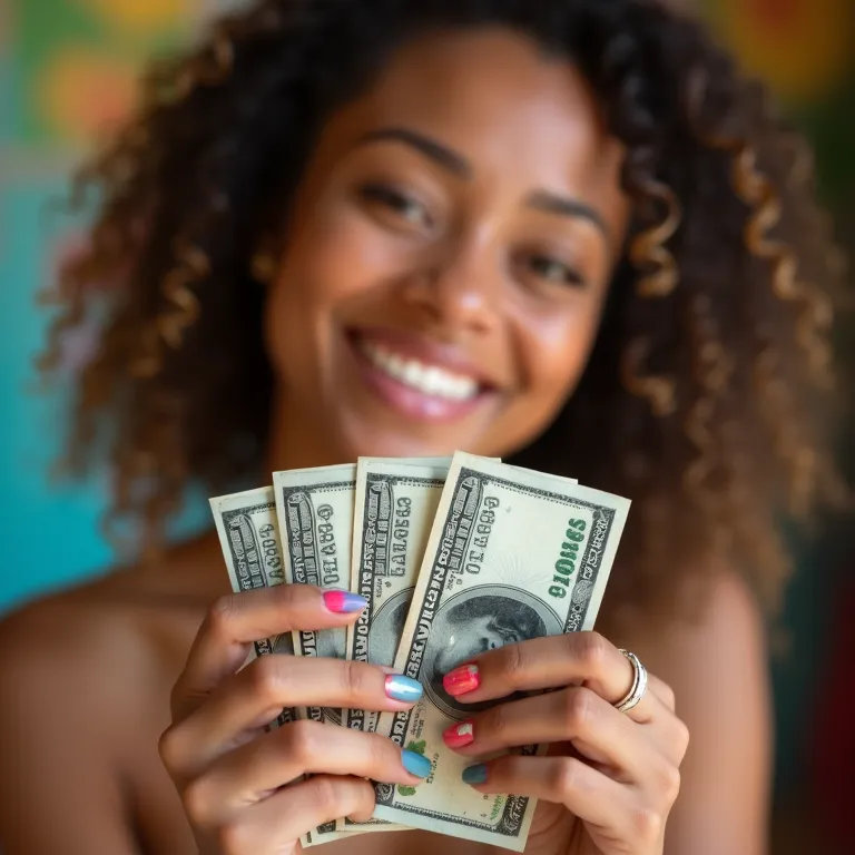 Mulher sorrindo mostra unhas decoradas e dinheiro