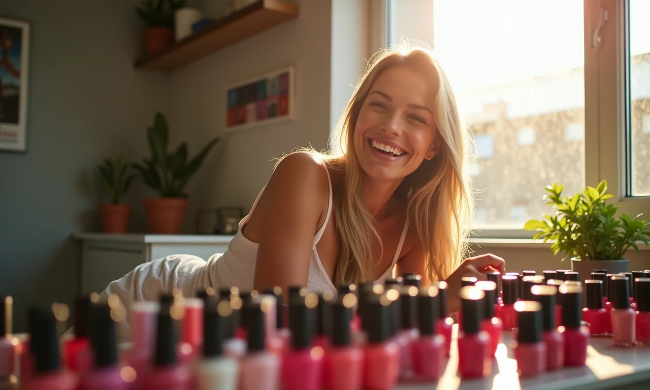 Mulher sorrindo planejando a organização de seus esmaltes.