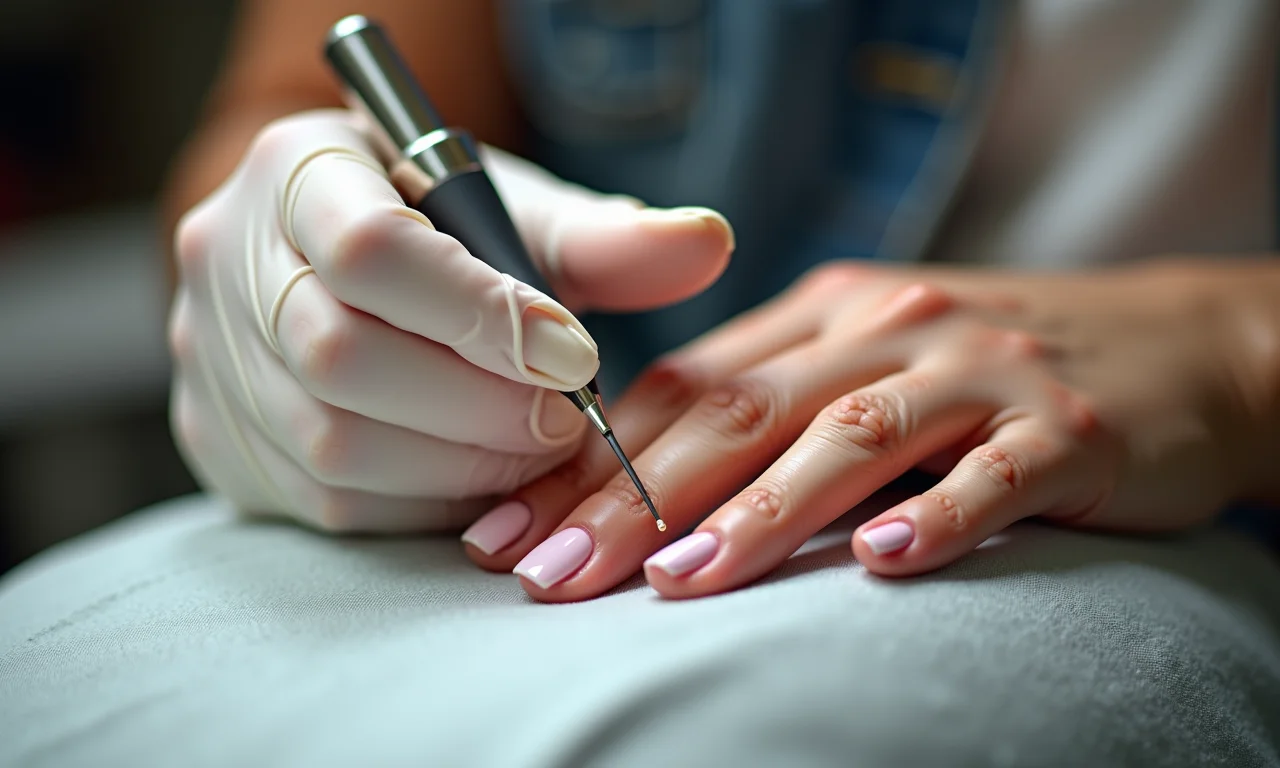 Mulher usando luvas ao aplicar base antes do esmalte, prevenindo alergia.
