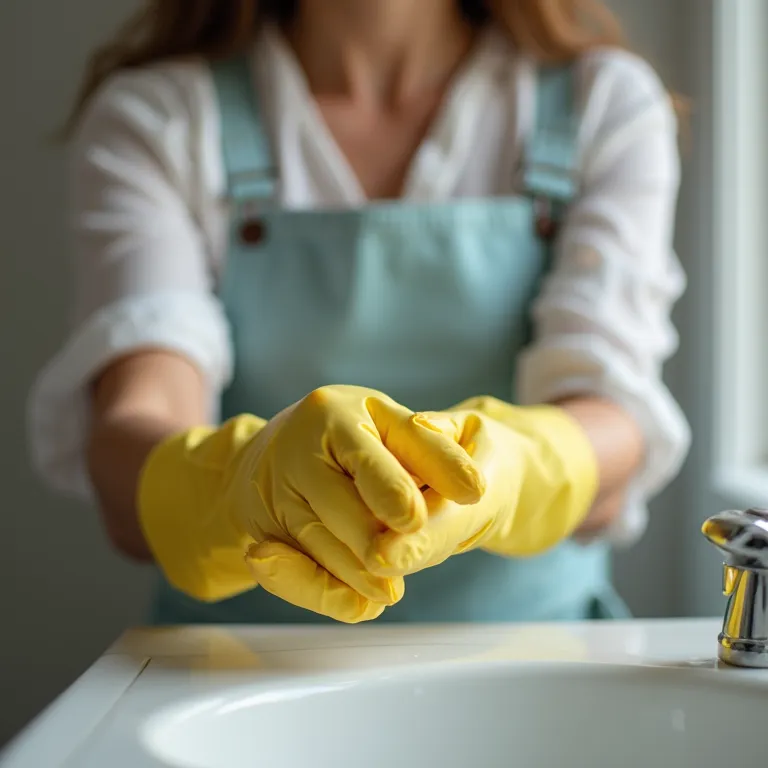 Mulher usando luvas para proteger as unhas durante a limpeza da casa.