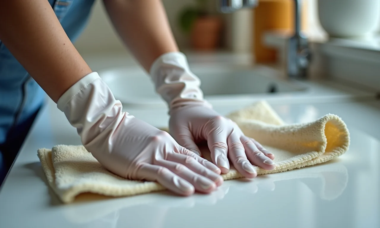 Mulher usando luvas para proteger as unhas.