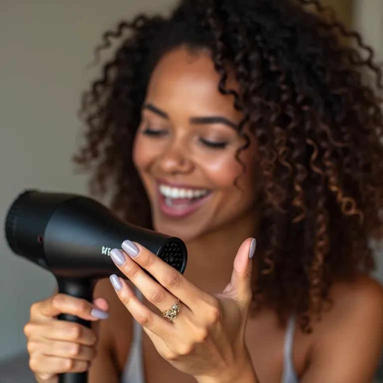 Mulher usando secador de cabelo para secar o esmalte.