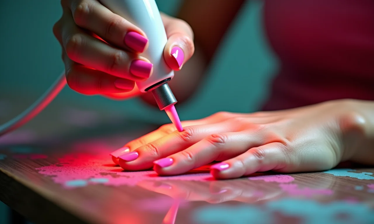 Mulher usando secador de esmalte para acabamento impecável.