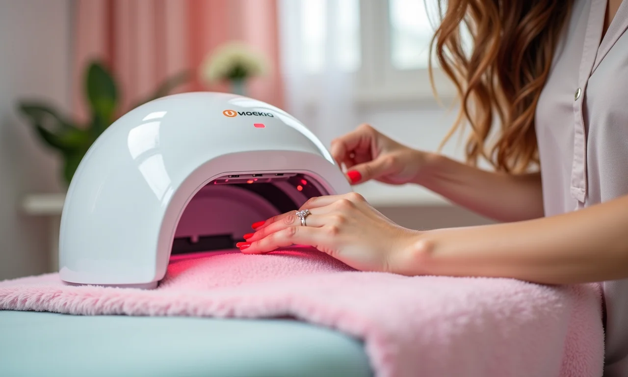 Mulher usando secador de unhas.