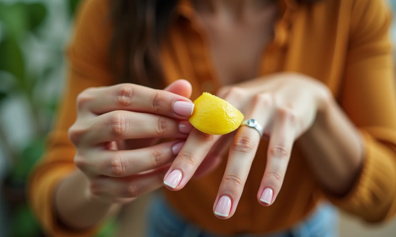 Mulher usando suco de limão para clarear as unhas.
