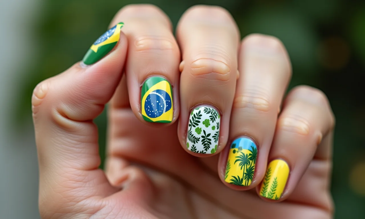 Nail art com adesivos temáticos.