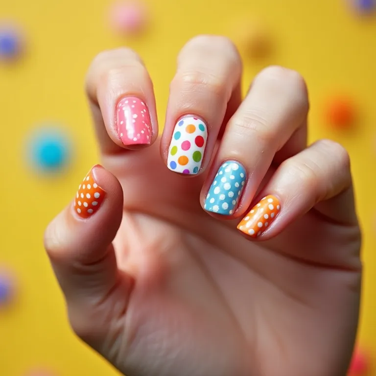 Nail art com bolinhas coloridas.