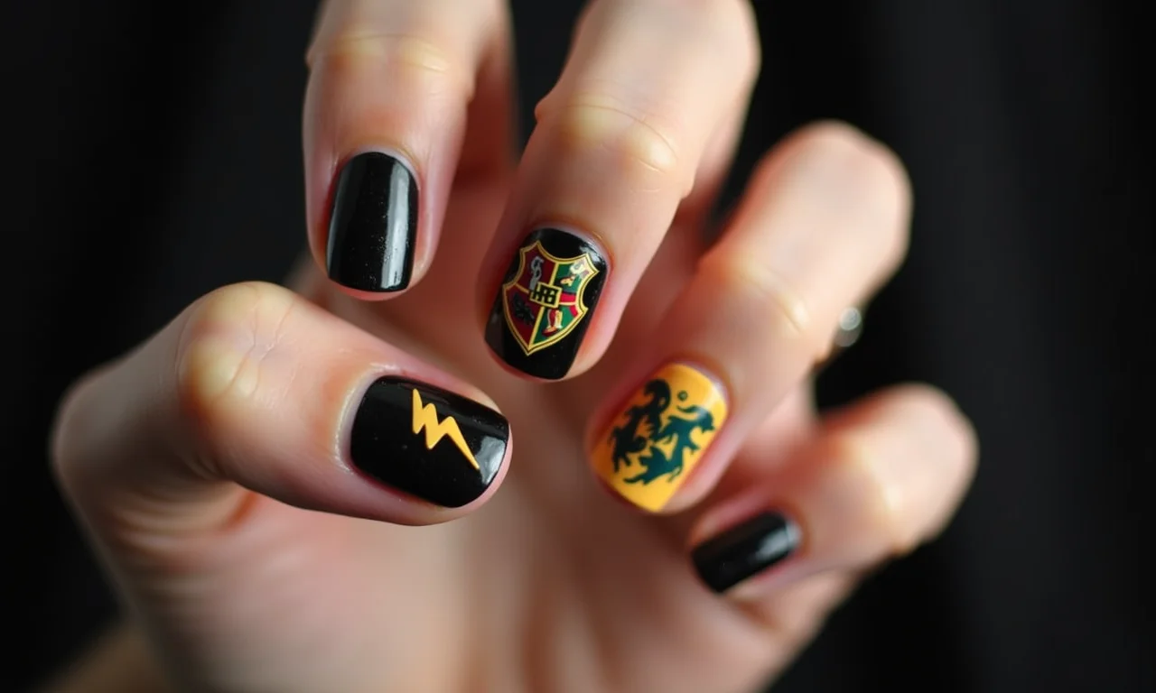 Nail art com símbolos icônicos de Harry Potter nas unhas.