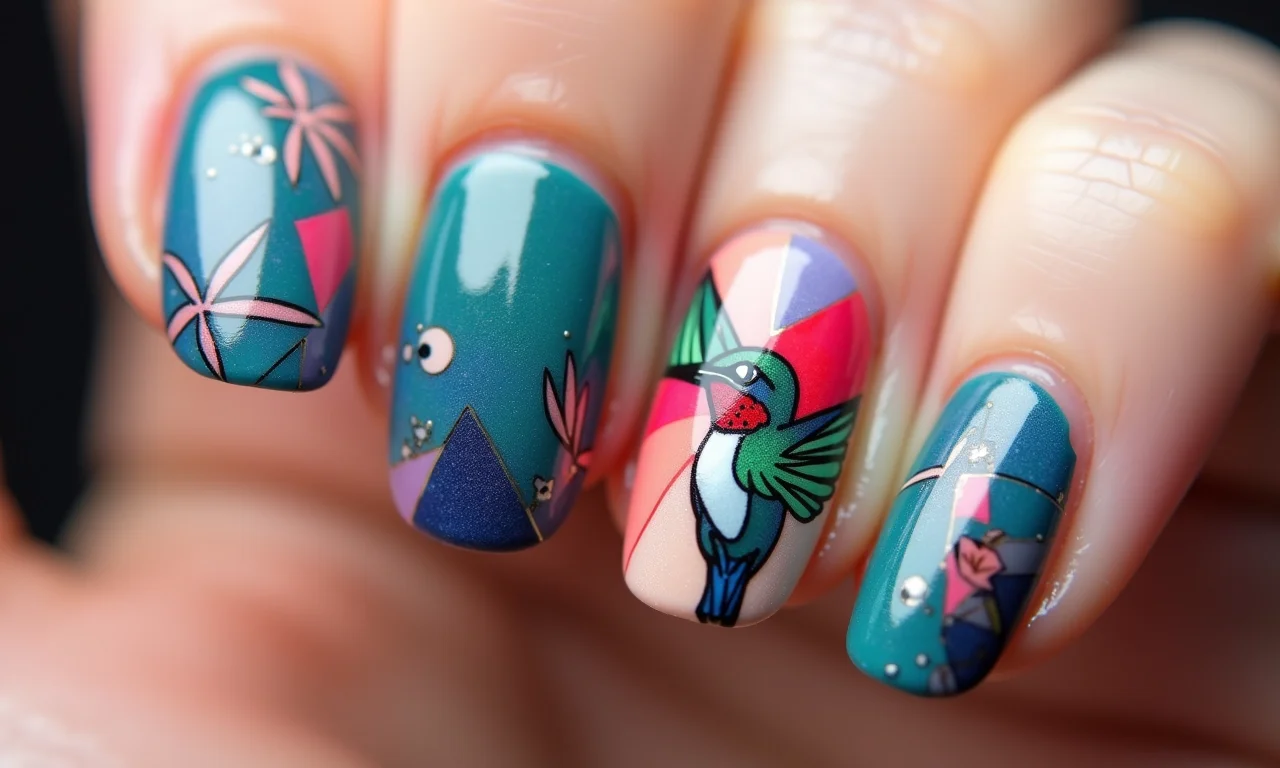 Nail art geométrica com beija-flor.