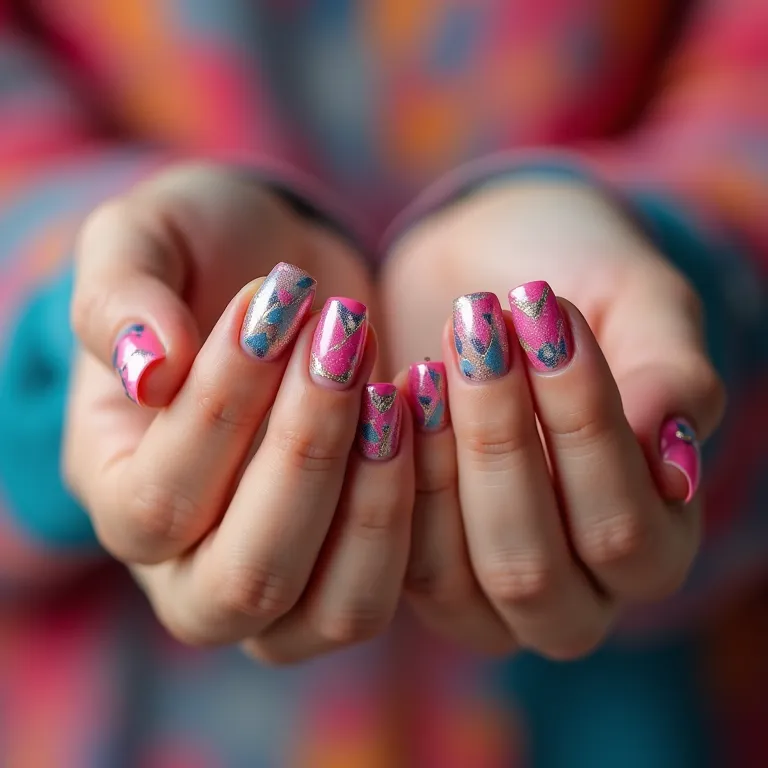 Nail art geométrica em unhas com cores vibrantes.