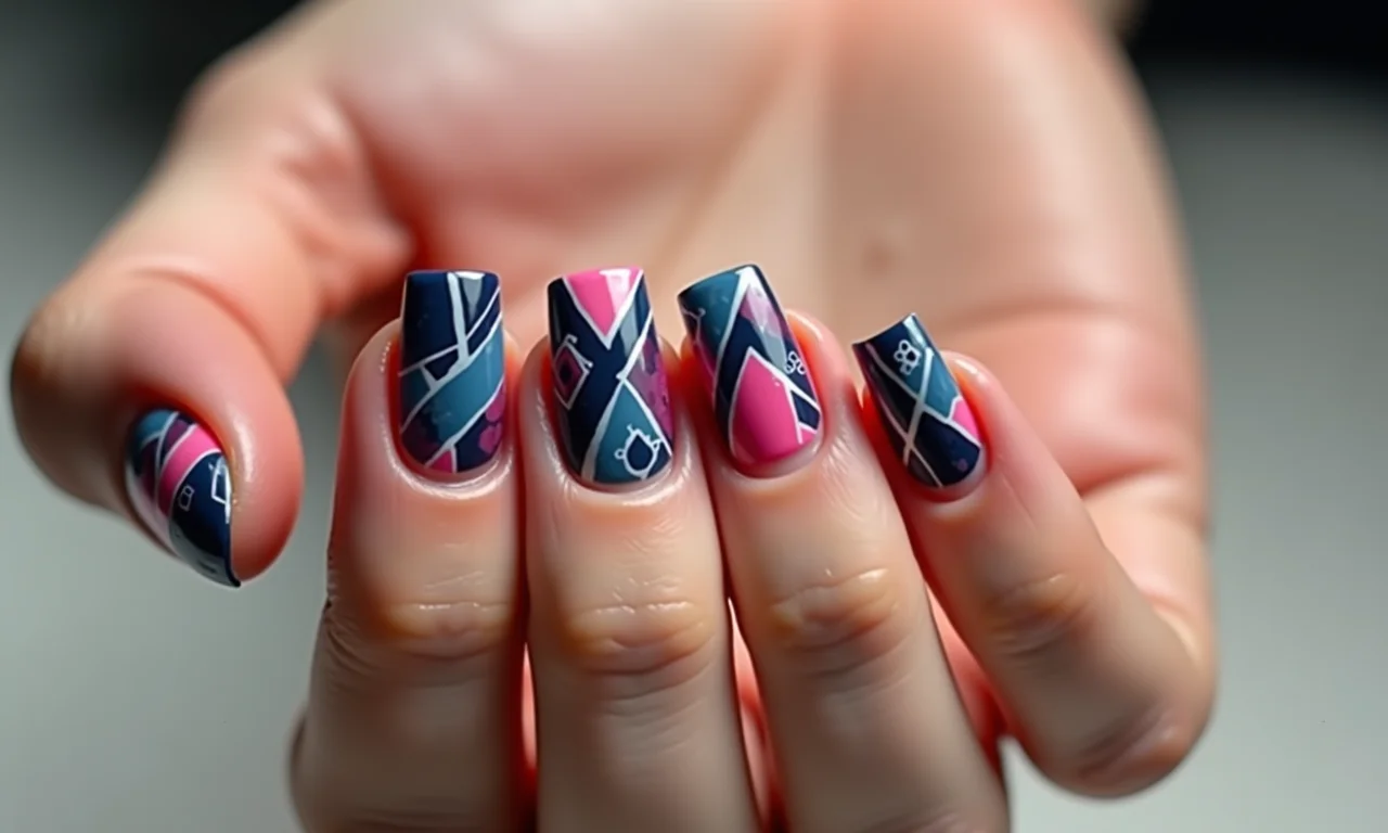 Nail art geométrica em unhas de gel quadradas.