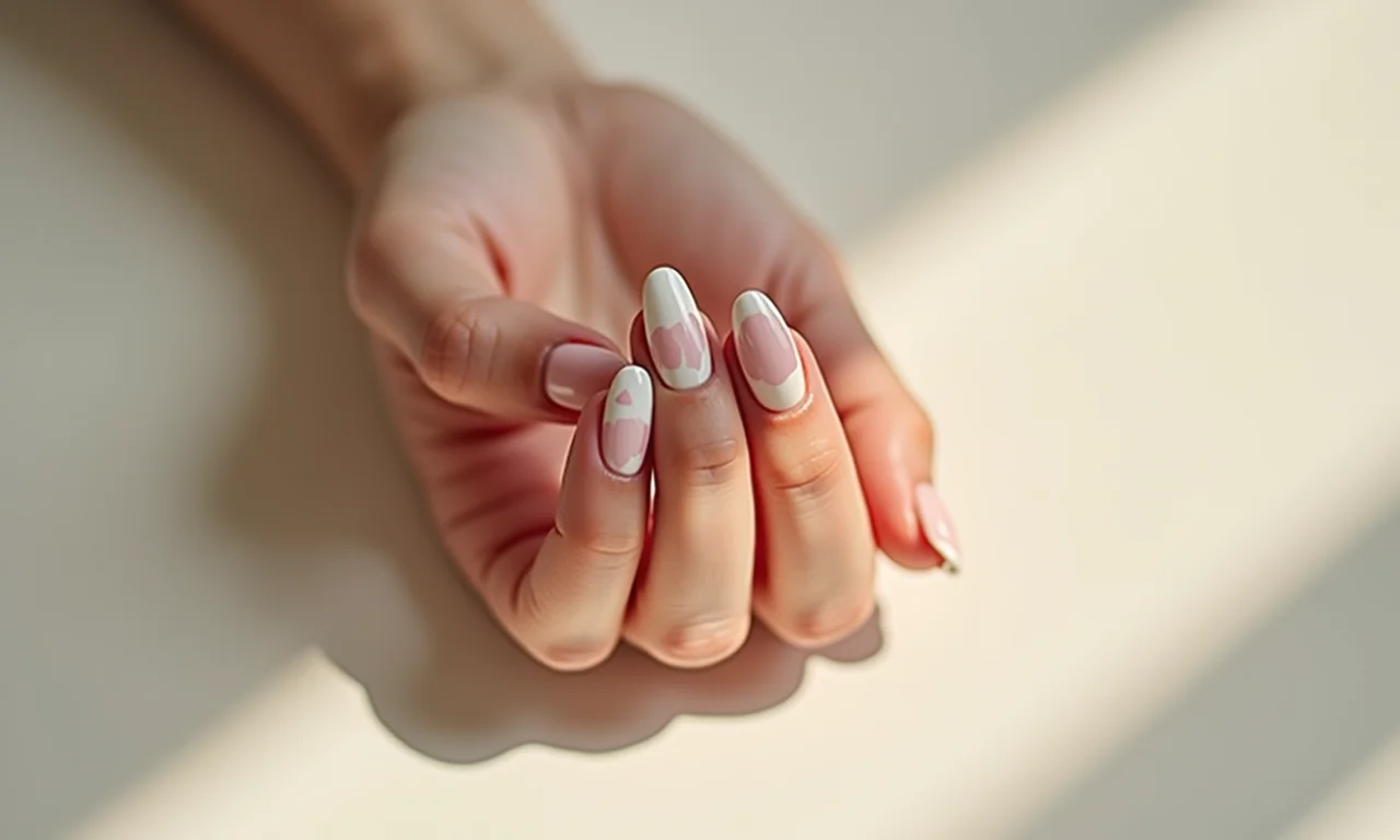 Nail art minimalista em unhas curtas com traços finos.