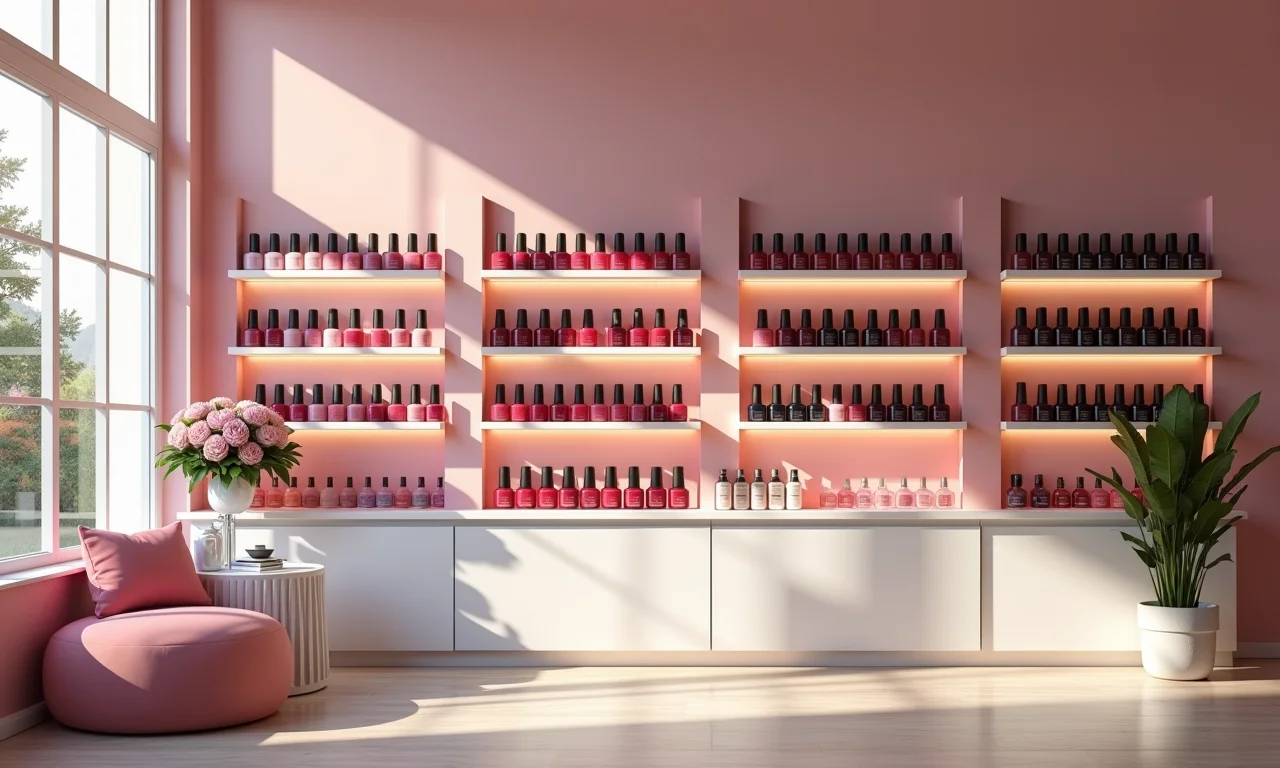 Nichos na parede exibindo esmaltes coloridos.