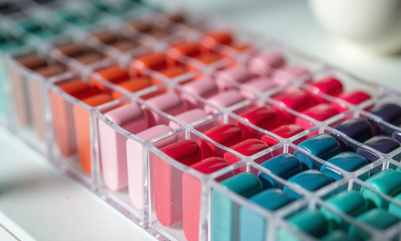 Nichos organizadores de acrílico transparentes com esmaltes coloridos.