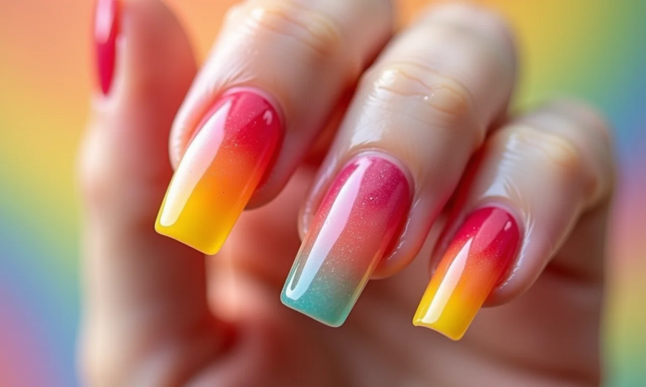 Ombré com cores vibrantes em unhas de gel quadradas.