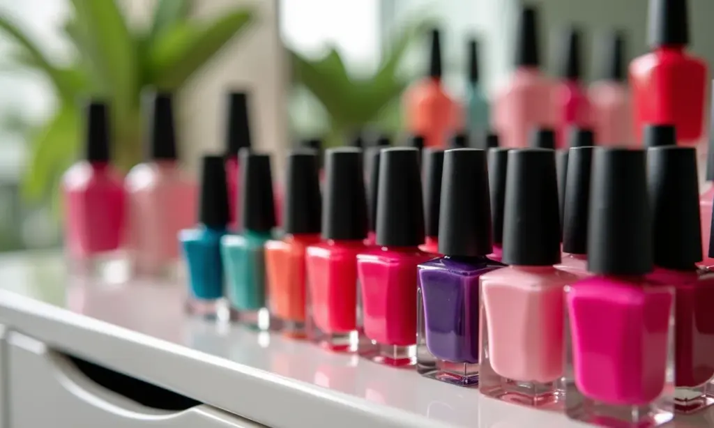 Organização criativa de esmaltes coloridos.