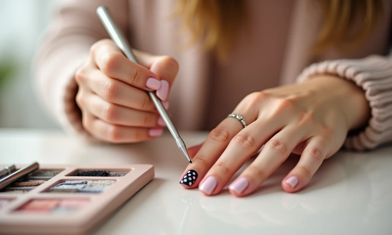 Passo a passo: unhas decoradas com bolinhas sendo criadas.
