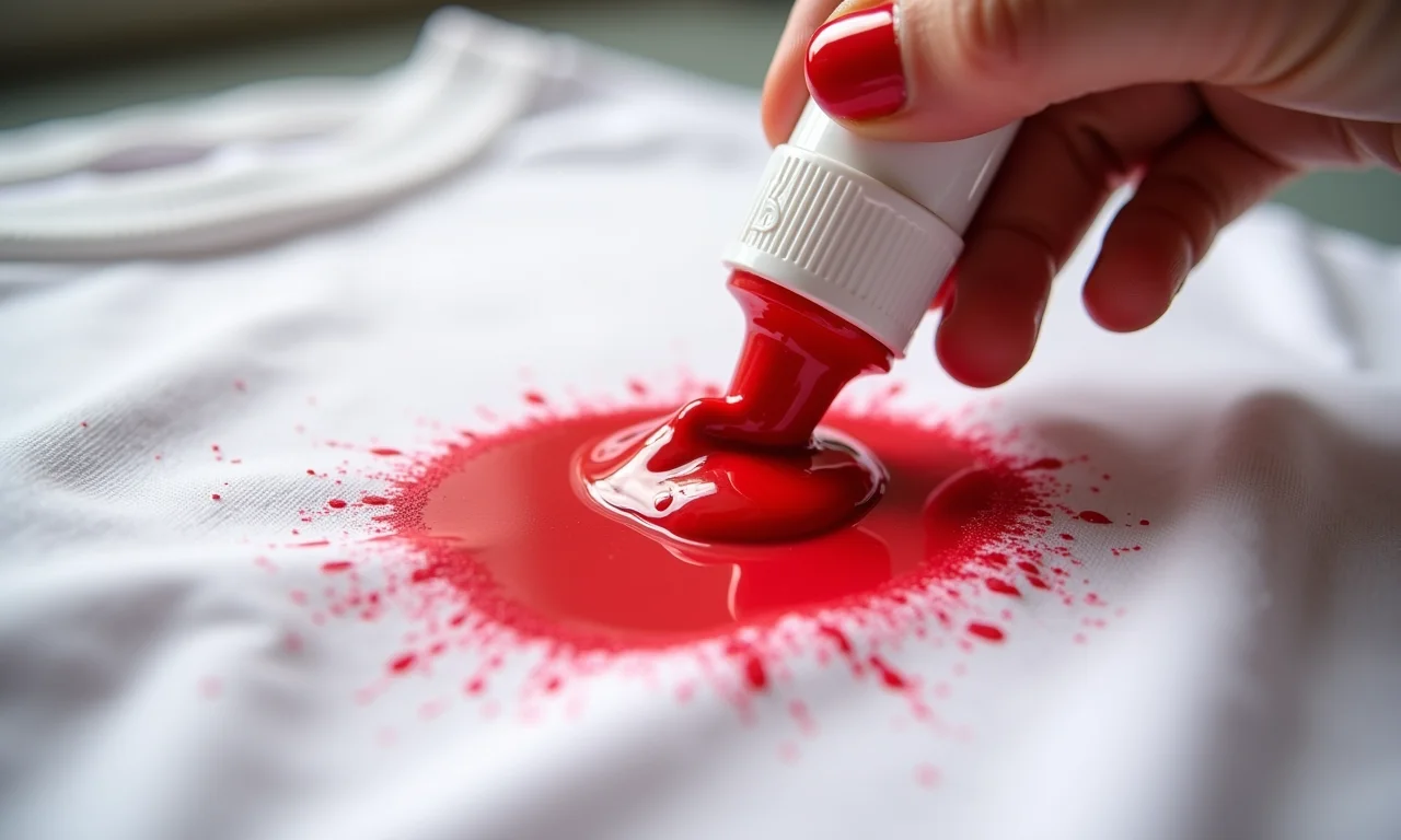 Pasta de bicarbonato de sódio sendo aplicada em mancha de esmalte em camiseta de algodão.