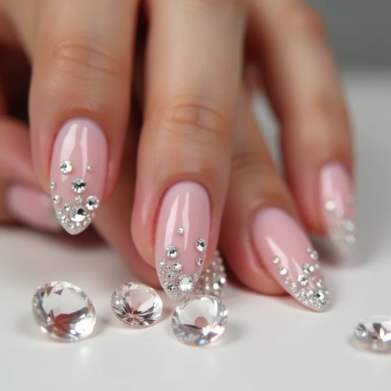 Pedrarias delicadas em unhas de gel