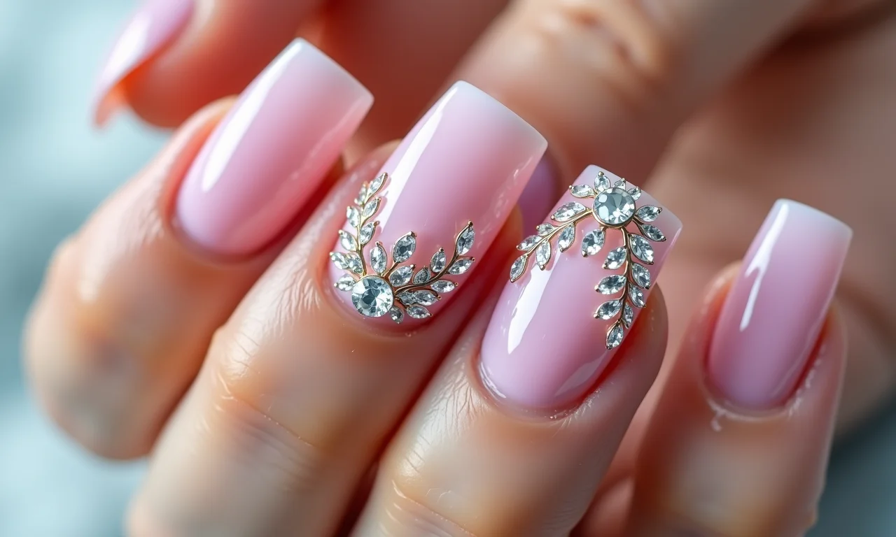 Pedrarias e cristais delicados em unhas de gel.