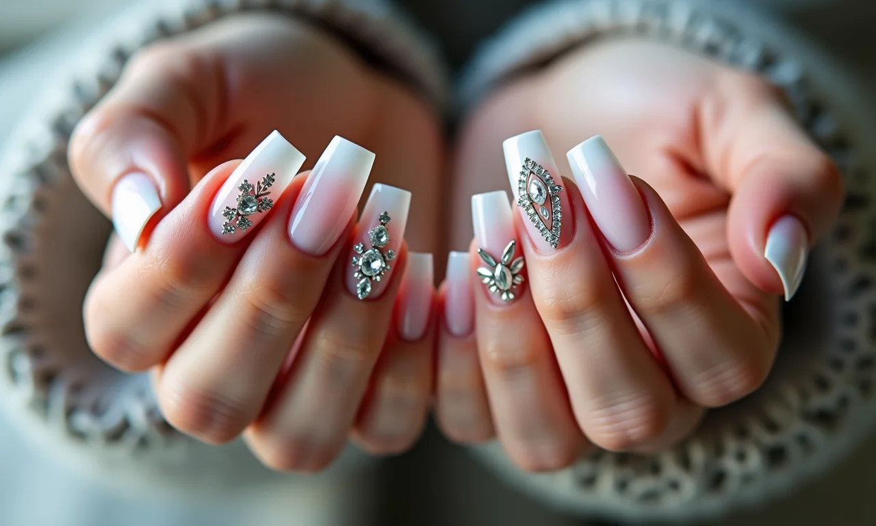 Pedrarias e strass decorando unhas de fibra de vidro quadradas.