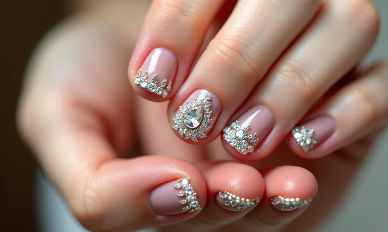 Pedrarias e strass em unhas curtas: glamour.