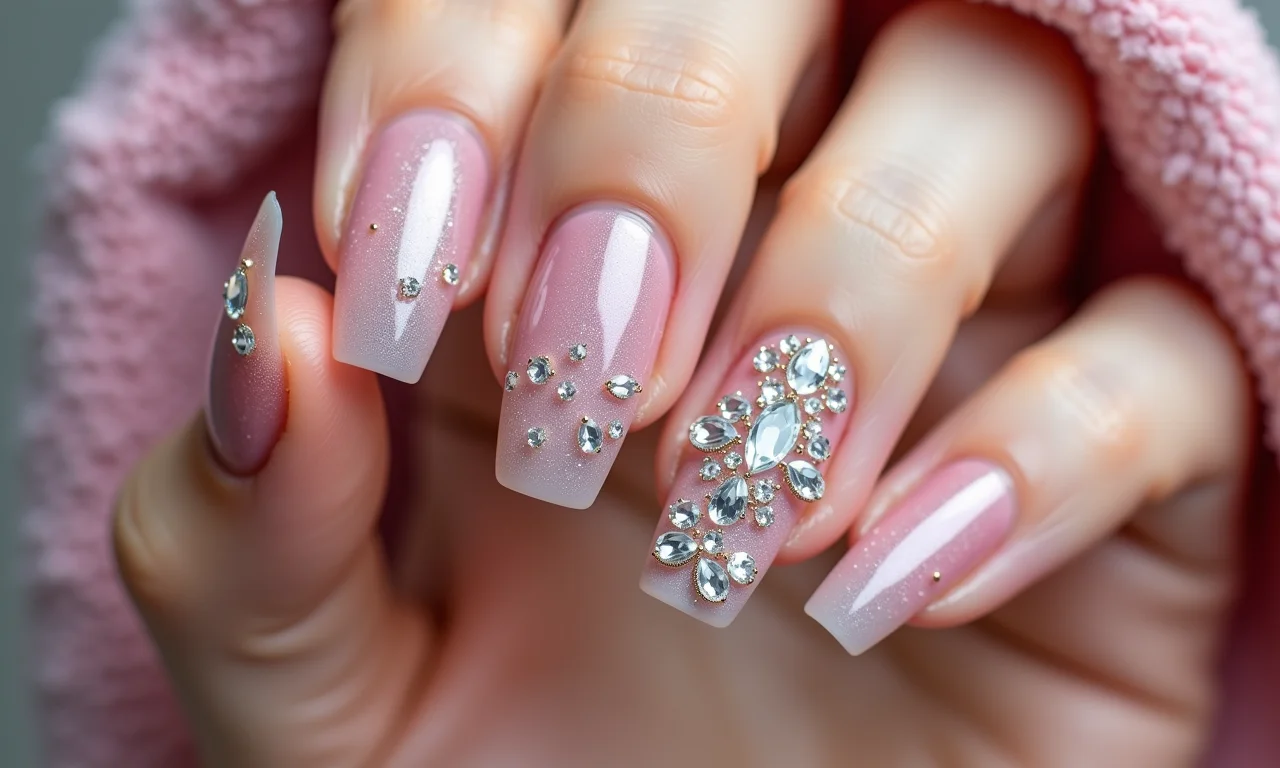 Pedrarias e strass em unhas de gel.