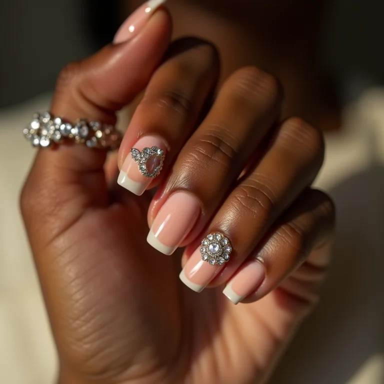 Pedrarias e strass em unhas quadradas.